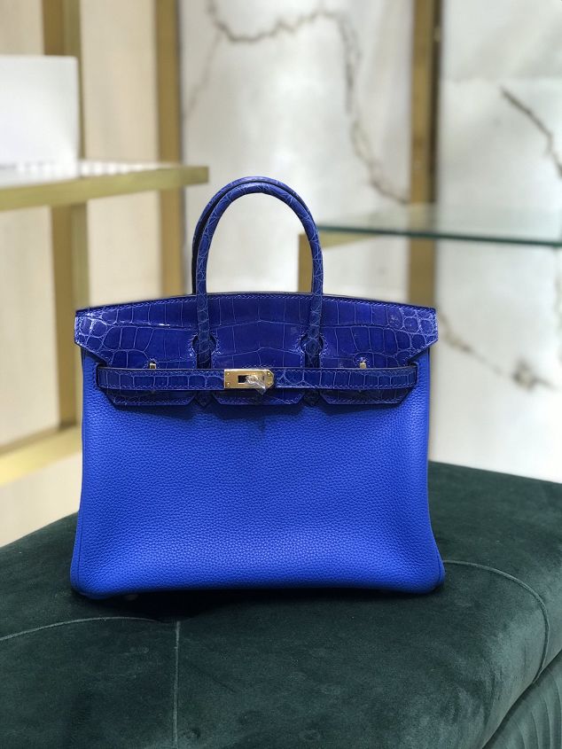 Hermes handmade original crocodile leather&calfskin birkin bag BK0035 royal blue