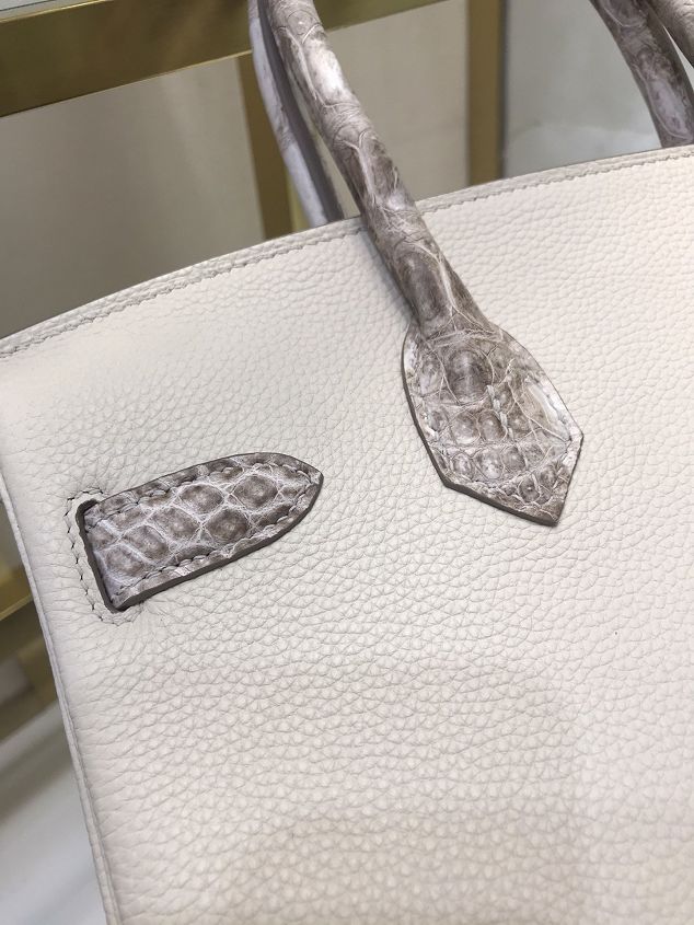 Hermes handmade original crocodile leather&calfskin birkin bag BK0035 white&grey