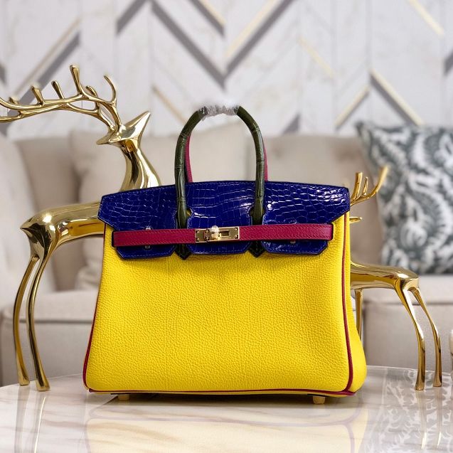 Hermes handmade original crocodile leather&calfskin birkin bag BK0035 yellow&blue