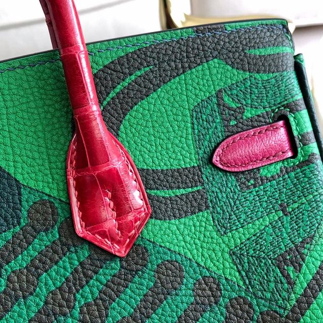 Hermes handmade original crocodile leather&calfskin birkin bag BK0036 green&navy blue