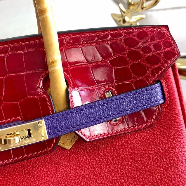 Hermes handmade original crocodile leather&calfskin birkin bag BK0036 red&yellow