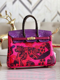 Hermes handmade original crocodile leather&calfskin birkin bag BK0036 rose red&purple