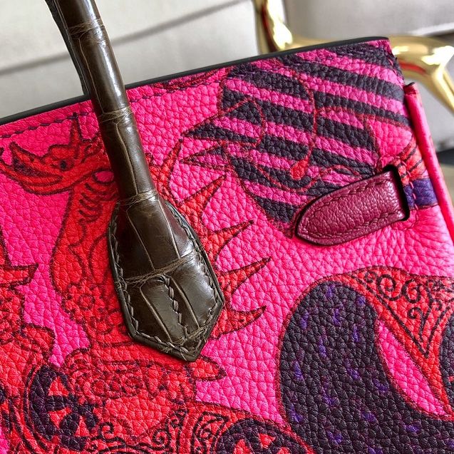 Hermes handmade original crocodile leather&calfskin birkin bag BK0036 rose red&purple