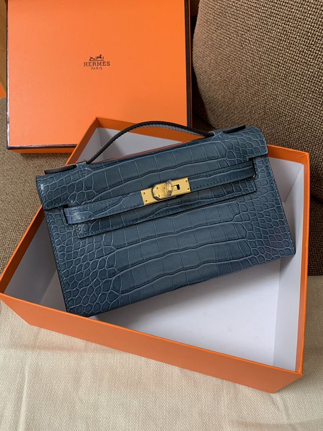 Hermes original crocodile veins calfskin mini kelly 22 clutch K012 