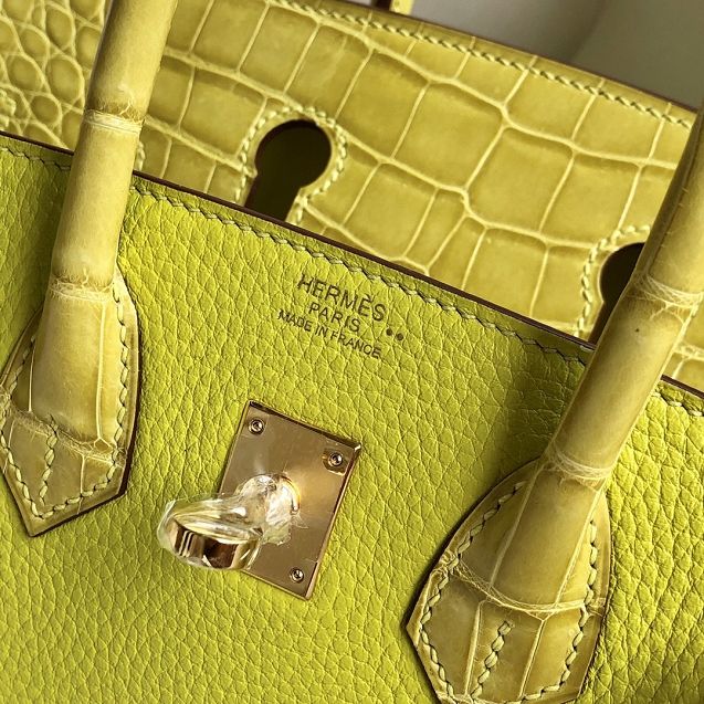 Hermes handmade original crocodile leather&calfskin birkin bag BK0035 yellow