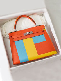 Hermes handmade original togo leather kelly bag K00036 orange&blue&yellow