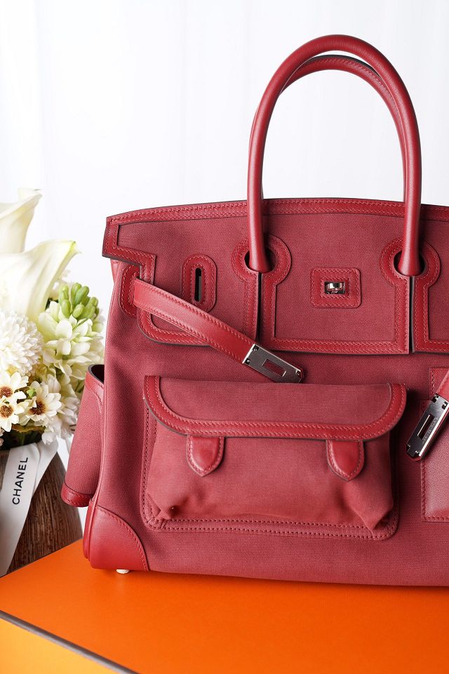 Hermes original canvas birkin 35 cargo bag BK0038 dark red