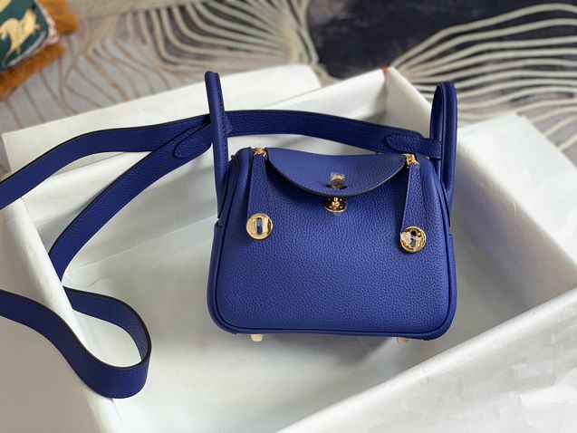 Hermes original togo leather mini lindy 19 bag H019 royal blue