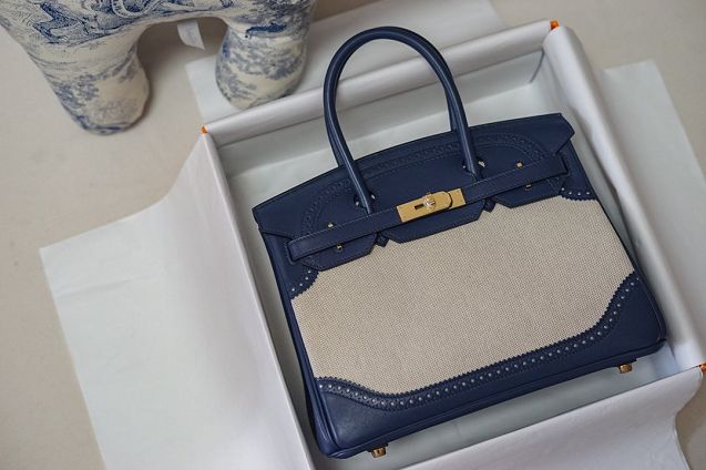 Hermes handmade original calfskin&canvas birkin bag BK00037 navy blue