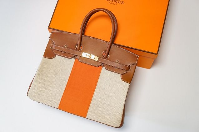 Hermes handmade original calfskin&canvas birkin bag BK00037 white&orange&caramel