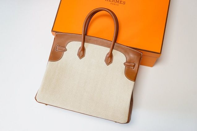 Hermes handmade original calfskin&canvas birkin bag BK00037 white&orange&caramel