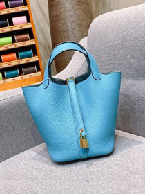 Hermes original togo leather picotin lock 22 bag HP0022 blue du nord 