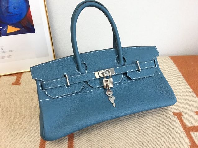 Hermes handmade original calfskin birkin 42 shoulder bag BK0058 denim blue