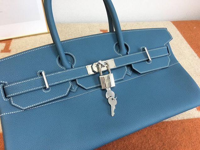 Hermes handmade original calfskin birkin 42 shoulder bag BK0058 denim blue