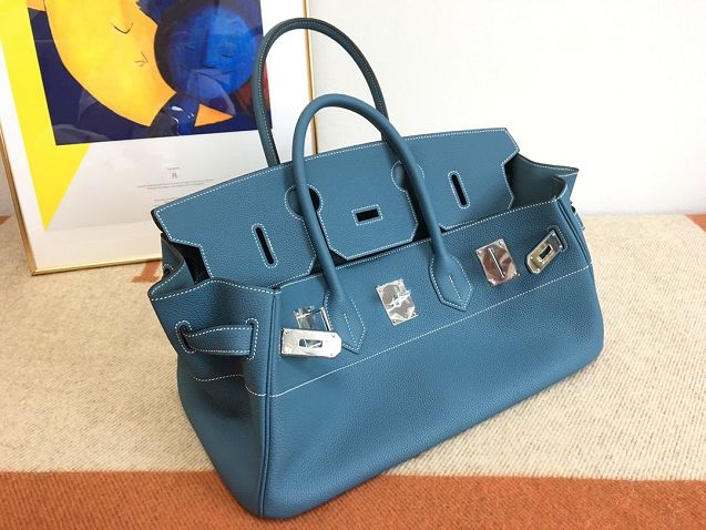 Hermes original calfskin birkin 42 shoulder bag BK0058 denim blue