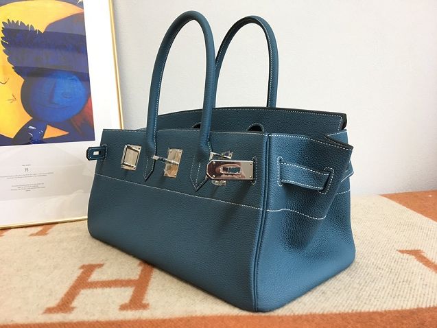 Hermes handmade original calfskin birkin 42 shoulder bag BK0058 denim blue