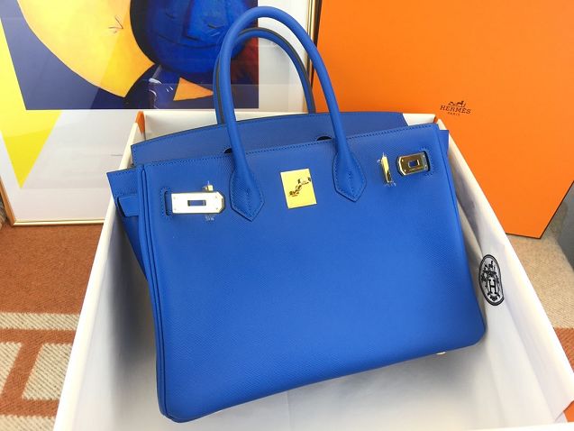 Hermes original epsom leather birkin 35 bag H35-3 blue hydra