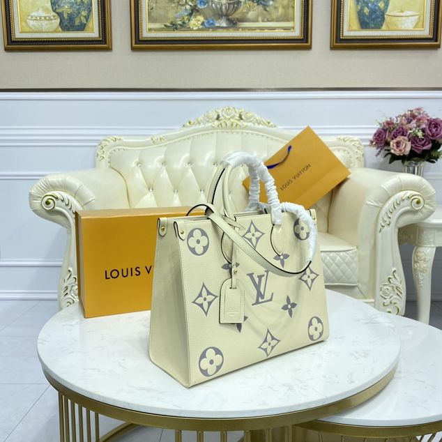 Louis vuitton original embossed calfskin onthego mm M45654 white&grey