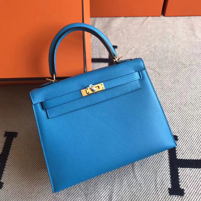 Hermes original epsom leather kelly 32 bag K32-1 blue zanzibar