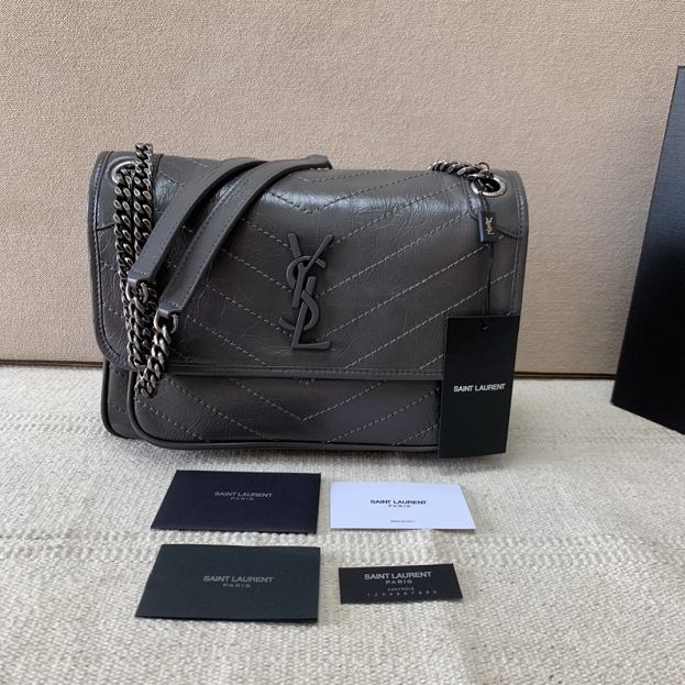 YSL original crinkled calfskin niki medium bag 498894 dark grey