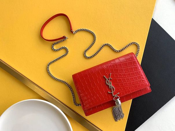 YSL original crocodile calfskin kate chain wallet 452159 red