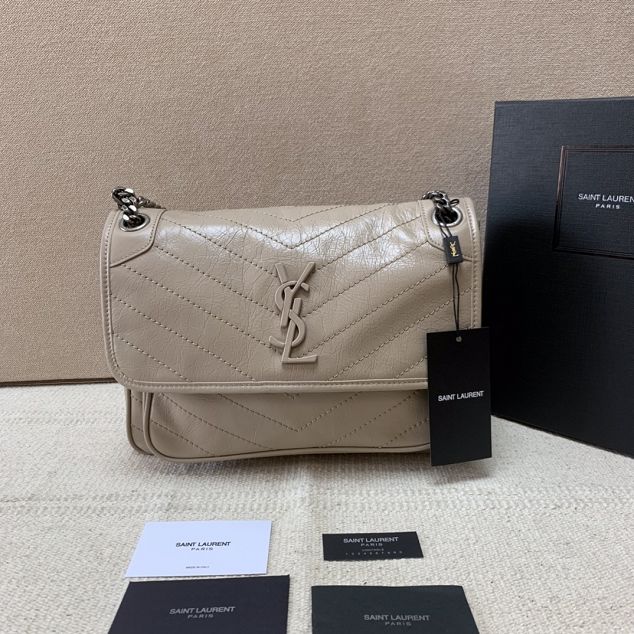 YSL original crinkled calfskin niki medium bag 498894 light grey