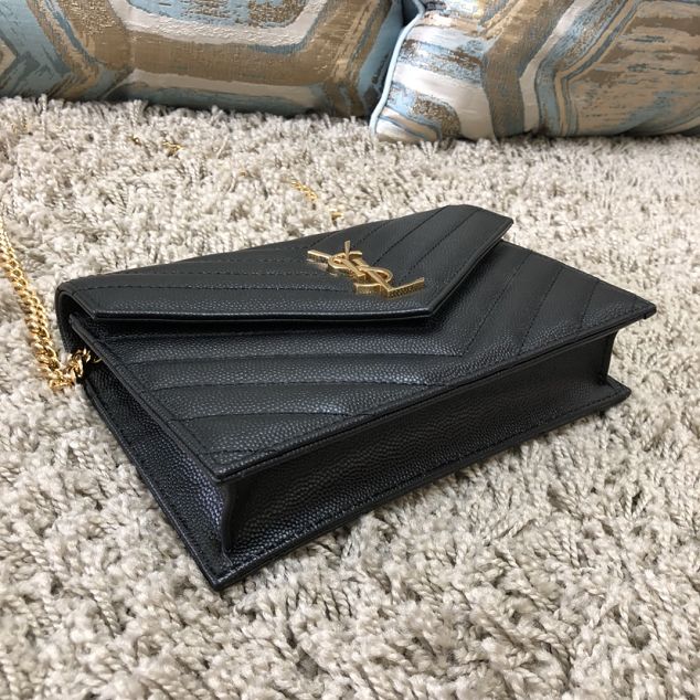 YSL original grained calfskin envelope small wallet on chain 393953 black