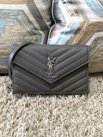 YSL original grained calfskin envelope small wallet on chain 393953 grey