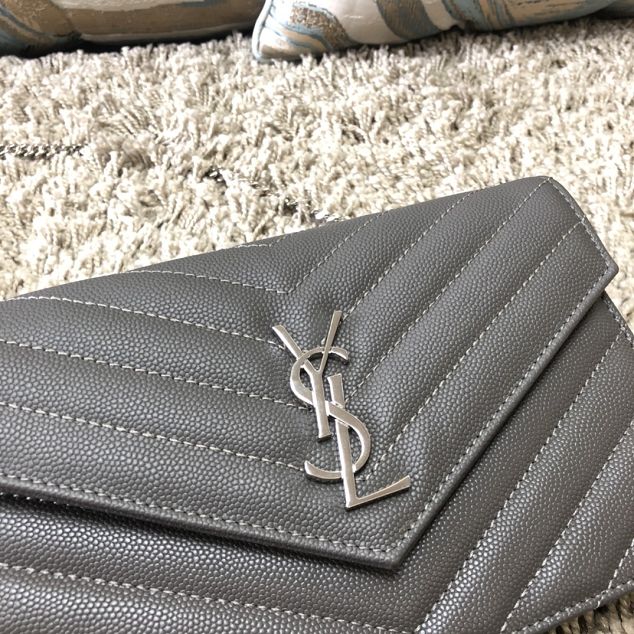 YSL original grained calfskin envelope small wallet on chain 393953 grey