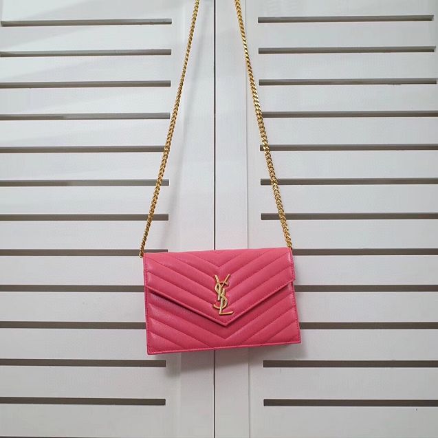 YSL original grained calfskin envelope small wallet on chain 393953 pink