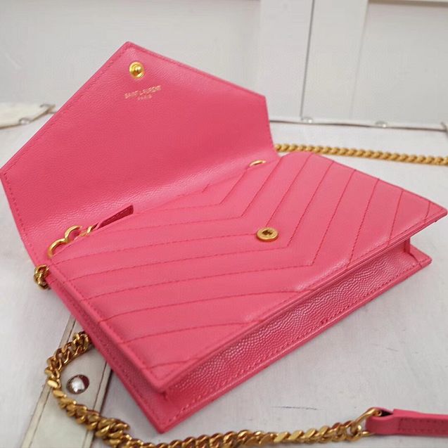 YSL original grained calfskin envelope small wallet on chain 393953 pink