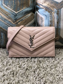 YSL original grained calfskin envelope small wallet on chain 393953 pink