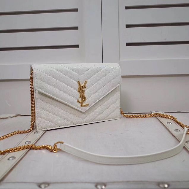 YSL original grained calfskin envelope small wallet on chain 393953 white