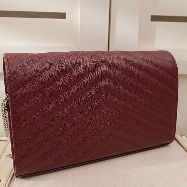 YSL original grained calfskin envelope wallet on chain 360452 bordeaux