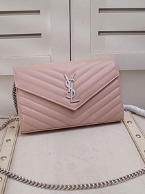YSL original grained calfskin envelope wallet on chain 360452 pink