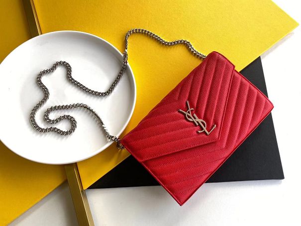 YSL original grained calfskin envelope wallet on chain 360452 red