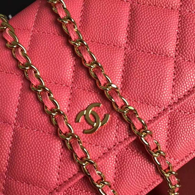 New CC original grained calfskin wallet on chain AP0250 rose red