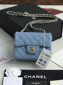 CC original grained calfskin super mini flap bag A35200 light blue