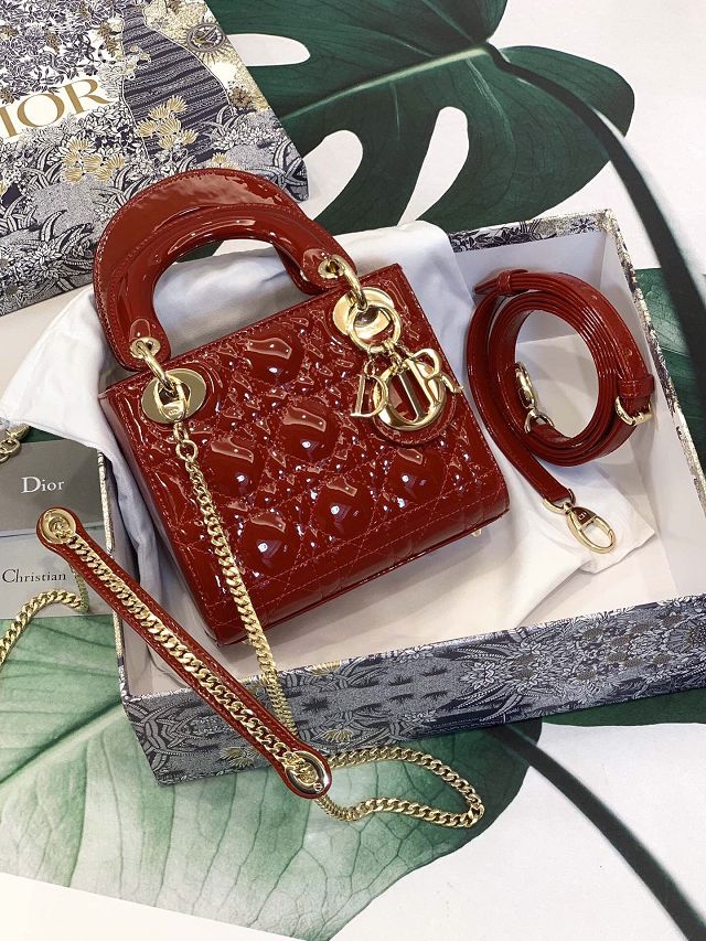 Dior original patent calfskin mini lady bag M0505 red