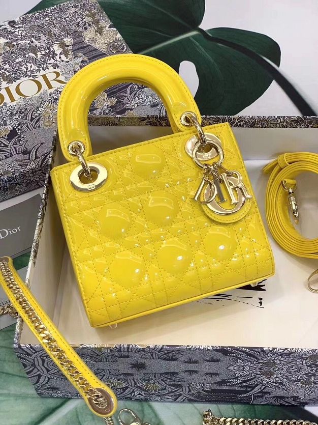 Dior original patent calfskin mini lady bag M0505 yellow