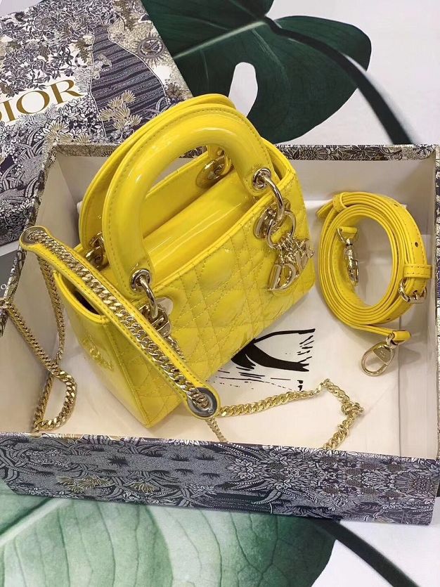 Dior original patent calfskin mini lady bag M0505 yellow