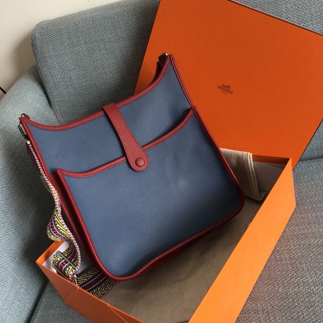Hermes original epsom leather evelyne pm shoulder bag E28 navy blue&wine
