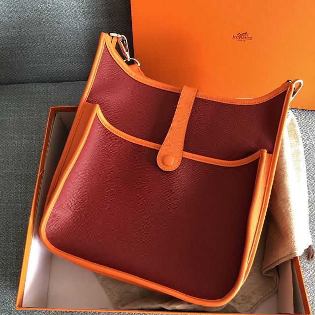 Hermes original epsom leather evelyne pm shoulder bag E28 wine&orange