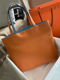 Hermes original calfskin reversible shoping bag K0298 orange&blue