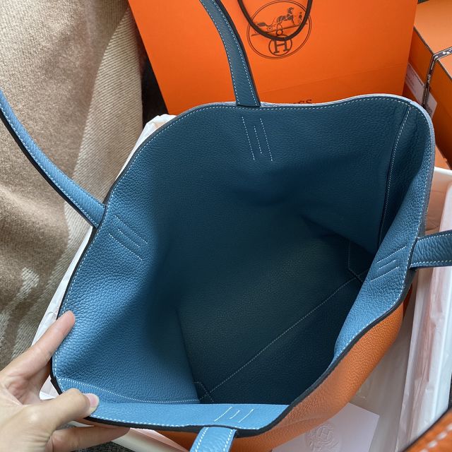 Hermes original calfskin reversible shoping bag K0298 orange&blue