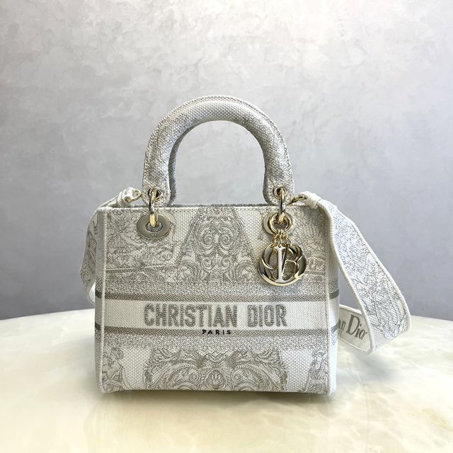 Dior original canvas medium lady bag M0565-5 white&grey