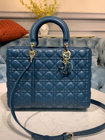 Dior original lambskin large lady dior bag M0566-2 denim blue