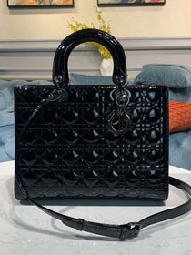 Dior original patent calfskin large lady dior bag M0566 black