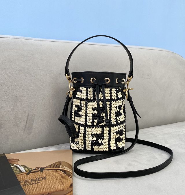 Fendi straw small mon tresor bucket bag 8BS010 black