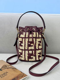 Fendi straw small mon tresor bucket bag 8BS010 burgundy